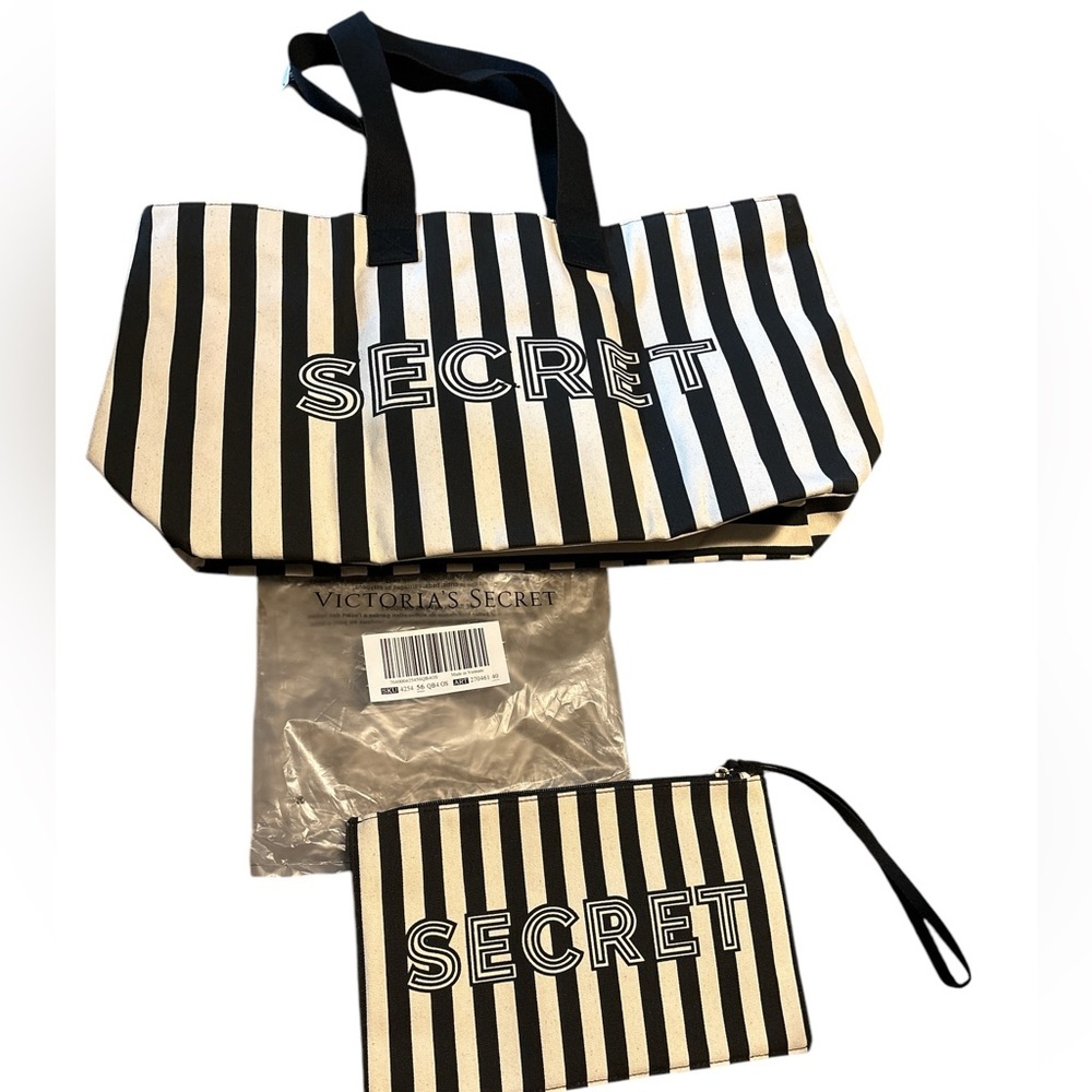 Victoria’s Secret black and white stripe weekender travel tote bag & wristlet - Picture 2 of 2